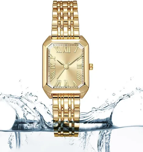 Vista 4 de Relojes para mujer, caja rectangular vintage, banda de acero inoxidable, reloj de pulsera para mujer, números romanos simples, resistente al agua