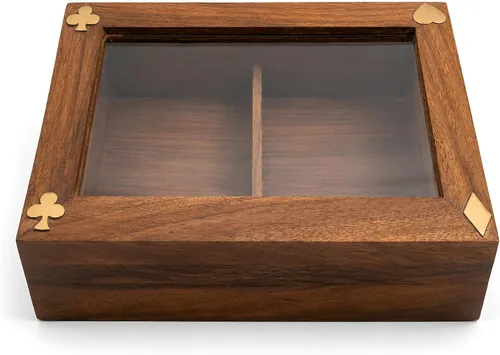 Vista 3 de Caja de almacenamiento de cartas de madera hecha a mano para 2 cubiertas, estuche de madera Sheesham con pantalla superior transparente y pestillo