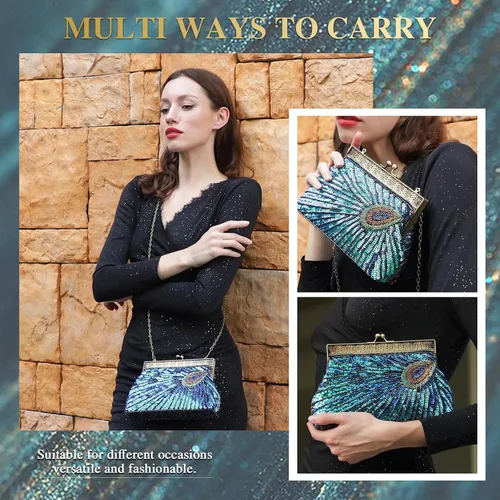 Vista 3 de UBORSE Bolsos de embrague de noche de pavo real con lentejuelas con cuentas Bolso de noche vintage Bolso de boda de fiesta de 1920