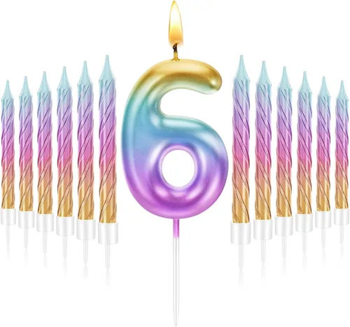 Vista 10 de Treela Vela de cumpleaños de 3 años para pastel con 12 piezas en espiral con números de arco iris, velas degradadas de tercer cumpleaños para niñas