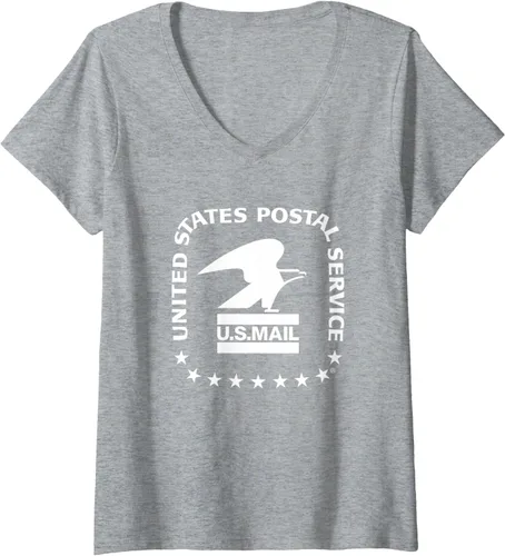 Vista 6 de Camiseta con cuello en V para mujer USPS - US Air Mail Seal, Gris Negro