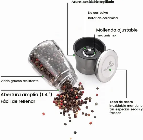 Vista 6 de Molinillo de pimienta o molinillo de pimienta, molinillo de sal manual recargable con grosor ajustable, molinillo de pimienta negra hecho de acero