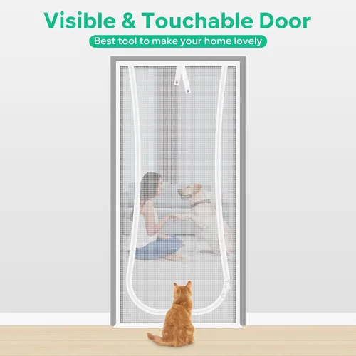 Vista 7 de Nueva puerta de malla reforzada para gatos, se adapta a puerta de 30 x 80 pulgadas, puerta resistente a mascotas con cremallera bilateral, evita que