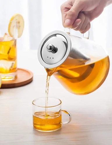Vista 6 de Tetera de vidrio con infusor Tetera de 32 oz/43 oz Hervidor de té seguro para estufa Juego de tetera para té floreciente y de hojas sueltas