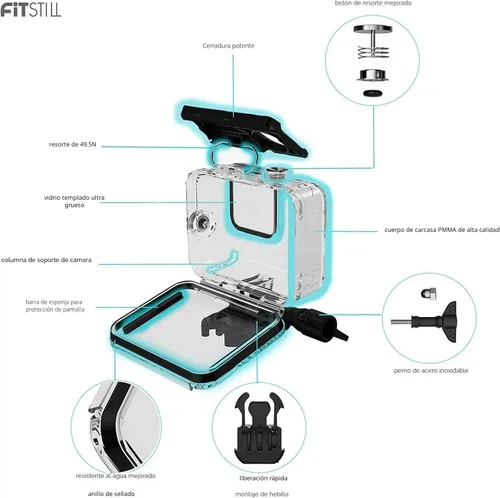 Vista 5 de FiTSTILL Funda impermeable subacuática para Go Pro Hero 13/12/11/10/9, color negro, carcasa protectora subacuática de buceo de 196 pies/60M