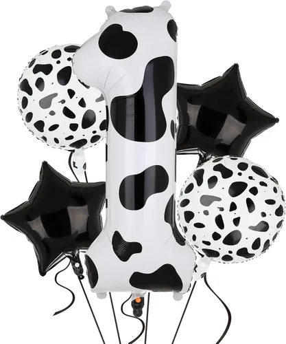 Vista 5 de Globo de 40 pulgadas con estampado de vaca con número 0 globos blancos con estampado de vaca, temática de vaquera, para niños, 10º cumpleaños