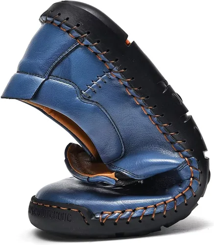 Vista 6 de MCEMACHI Mocasines de cuero para hombre, sin cordones, costuras a mano, zapatos casuales de moda para conducir Arkget para hombre. Incluye plantilla