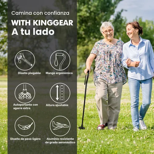 Vista 2 de KINGGEAR F1 Bastón de caminar, bastón para mujeres y hombres, andadores que se mantienen de pie para personas mayores con correa para la muñeca