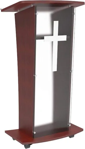 Vista 4 de FixtureDisplays® Podio Chruch de madera con panel frontal de acrílico escarchado, atril de púlpito de 46.5 pulgadas de alto con decoración de cruz