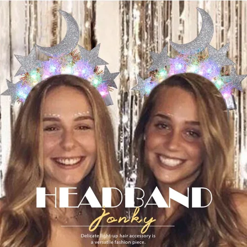 Vista 7 de JONKY Diadema de estrellas iluminadas, diadema de luna y estrellas, diadema celestial brillante, disfraz de oropel, accesorios para el cabello