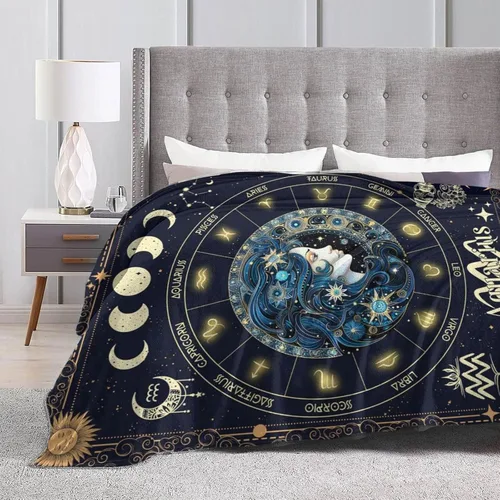 Vista 6 de Manta del Zodiaco Acuario para Niños y Niñas, Diseño Temático de Astrología Secreta Impreso, Mantas de Tiro para Niños, Regazo, Silla, Manta Suave