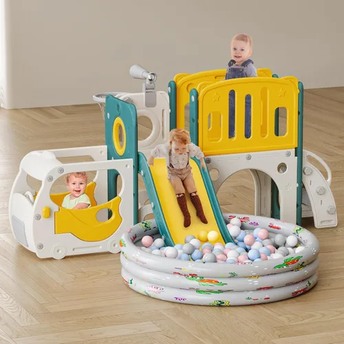Vista 5 de Juego de tobogán para niños pequeños/bebés, con temática de autobús; parque infantil con aro de baloncesto y área de escalada, para interiores