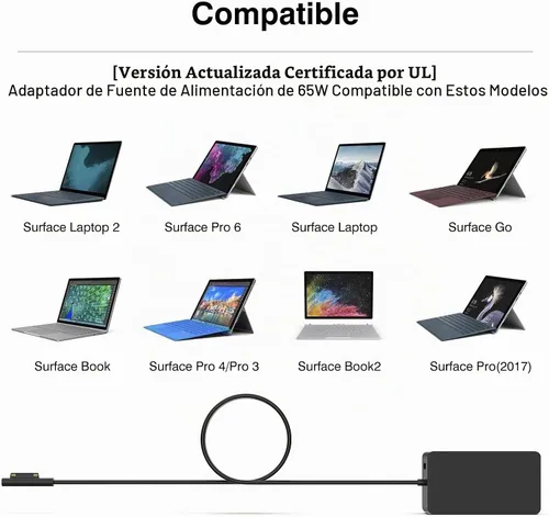 Vista 5 de [Versión mejorada] Cargador Surface Pro de 65 W para Surface Pro 3/4/5/6/7/8/9/X, compatible con Microsoft Surface Book Laptop/tablet, funciona