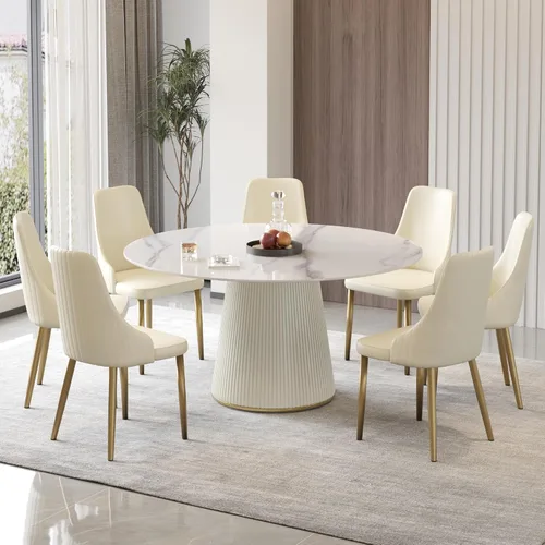 Vista 8 de Mesa de comedor redonda para 6, mesa de piedra sinterizada con marco de madera maciza, mesa de comedor blanca de 53 pulgadas para comedor y cocina