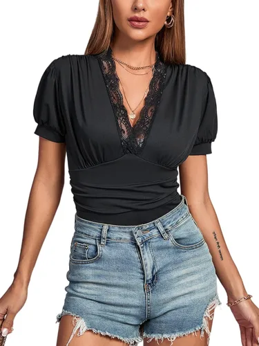 Vista 7 de LYANER Body de manga corta abombada con cuello en V y ribete de encaje para mujer