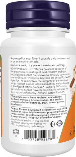 Vista 3 de NOW Foods Suplementos, Probiótico-10™, 50 mil millones, con 10 cepas probióticas, cepas verificadas, 50 cápsulas vegetales