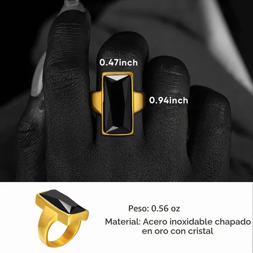 Vista 6 de VNOX Vintage Fashion - Anillo de cristal de vidrio negro rectangular chapado en oro de acero inoxidable para mujer, anillo de cóctel de moda con ónix