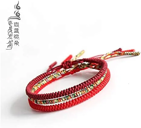 Vista 7 de COLORFUL BLING Pulsera de cuerda roja de la suerte china, oración budista tibetana, hecha a mano, cuerda de oración de yoga, pulsera de mala