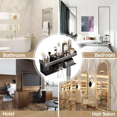 Vista 7 de Soporte para secador de pelo, organizador de secador de pelo, soporte para secadora de pelo, montado en la pared con estante para baño, salón, Negro