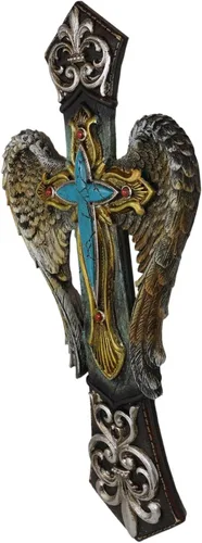 Vista 5 de Ebros Gift Rústico Southwest Fleur De Lis Silver Scroll Angel Wings Turquesa Piedra Cruz Decoración Placa de 14 pulgadas de alto Cristiano