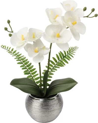 Vista 11 de Briful Pequeñas flores artificiales de orquídeas artificiales de 13 pulgadas en maceta de cerámica plateada, arreglo de orquídeas artificiales