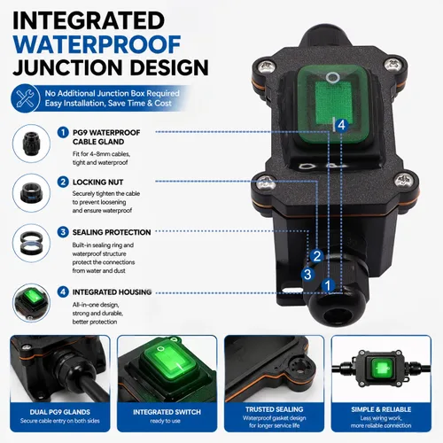 Vista 5 de IP67 Interruptor de línea impermeable en línea 16A/250V 20A/125V CA DPST de 4 pines, 2 posiciones, interruptor de palanca exterior con botón de Verde