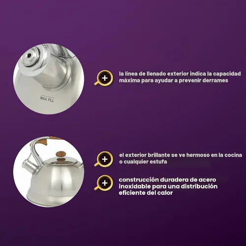 Vista 4 de Mr. Coffee Woodmont - Hervidor de té de acero inoxidable de 2 cuartos con mango de madera, hervidor silbante para estufa, tetera duradera de cocción