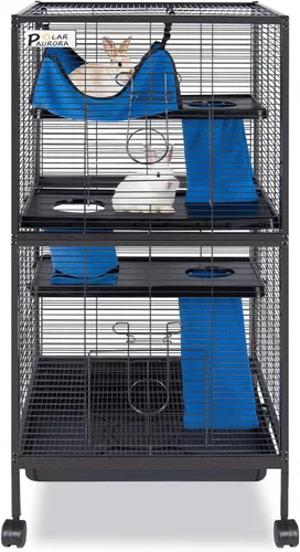 Vista 7 de Kit de jaula de acero de 4 niveles para animales pequeños para conejillos de indias, hurón, conejito con ruedas, frenos, hamaca, 4 plataformas