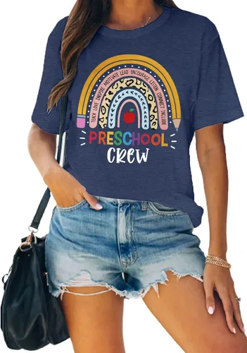 Vista 3 de MAIHUN Camisetas para profesores de preescolar para mujer, camiseta de cuello redondo con estampado de arco iris, manga corta