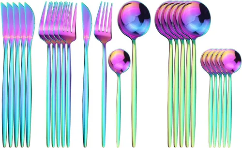Vista 6 de Juego de cubiertos negros de acero inoxidable de 24 piezas, servicio para 6, vajilla pulida con espejo, cuchillo tenedor y cuchara para el hogar