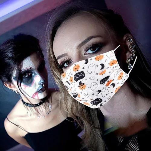 Vista 3 de 50 cubrebocas desechables de Halloween para adultos, uso diario, 3 capas, cubrebocas protectores con diseño de calabaza para regalo de fiesta