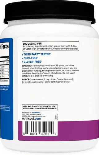 Vista 4 de Polvo Nutricost BCAA (Uva, 120 porciones) - Sin gluten, sin OMG, vegetariano, proporción óptima 2:1:1 Sin gluten, vegetariano