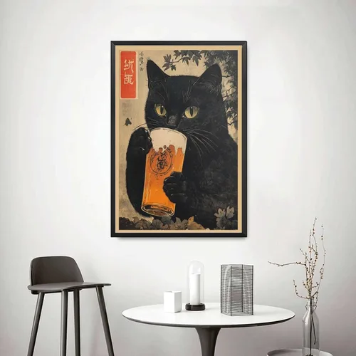 Vista 3 de SENLYCH Póster de pintura en lienzo e impresión vintage de gato negro con cerveza, impresión de arte japonés, gato negro bebiendo cerveza, póster