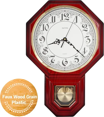Vista 22 de JUSTIME Reloj de pared clásico vintage tradicional de estilo Schoolhouse, con péndulo y melodía Westminter cada hora, relojes de pared con melodía