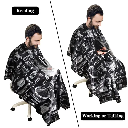 Vista 5 de FEBSNOW - Capa de barbero con ventana transparente y cepillo para el cuello Professional Large Hair Cutting Cape, Water Repellent Fabric, 55 x 66