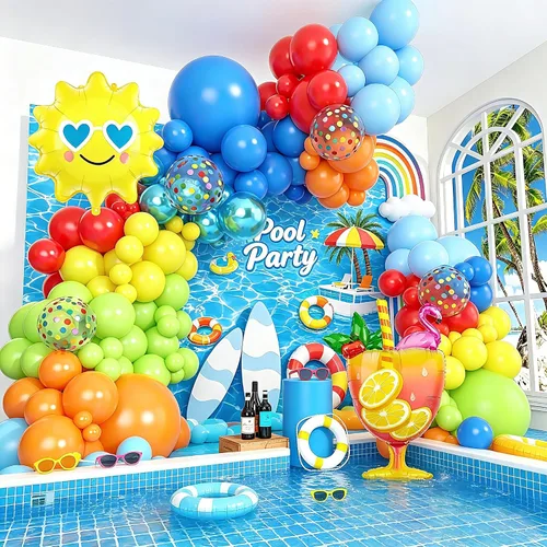 Vista 14 de Amandir Kit de guirnalda de arco de globos tropicales de 165 piezas, azul aguamarina, coral, rojo, rubor, verde pastel, globos de coco, hojas