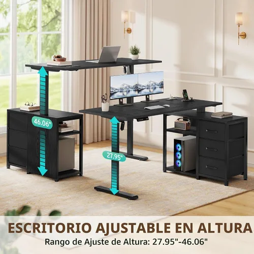 Vista 3 de Escritorio eléctrico en forma de L de 47 pulgadas con 3 cajones, mesa de computadora de almacenamiento, altura ajustable con tomas de corriente, 4