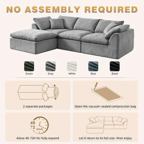Vista 4 de Sofá seccional de nube sin hueso de 110 pulgadas para sala de estar, sofá modular en forma de L de gran tamaño con otomana, sofá seccional de Gris