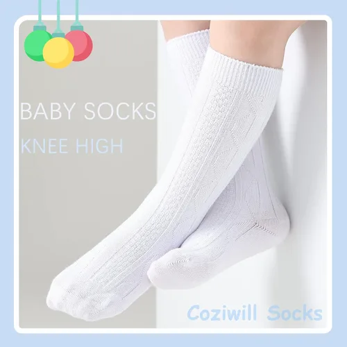 Vista 2 de Calcetines hasta la rodilla para bebé recién nacido, calcetines de tubo para niños, calcetines de punto trenzado, medias altas hasta la rodilla