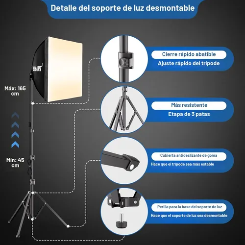 Vista 3 de EMART Kit de iluminación Softbox, softbox de 16 x 16 pulgadas, bombillas LED 3000K-6000K 85W con control remoto, trípode de 65 pulgadas, kit