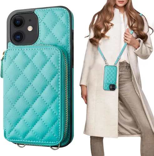 Vista 17 de Bocasal Funda tipo cartera cruzada para iPhone 12/12 Pro, bloqueo RFID, de piel sintética, con cremallera, bolso cartera con tapa plegable, funda