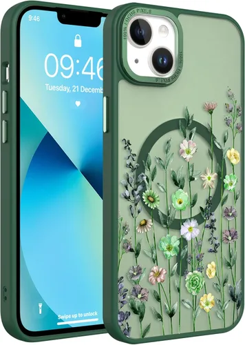 Vista 66 de Magnético para iPhone 13 con protector de pantalla [Compatible con MagSafe] Diseño de patrón floral de flores bonitas, funda delgada a prueba