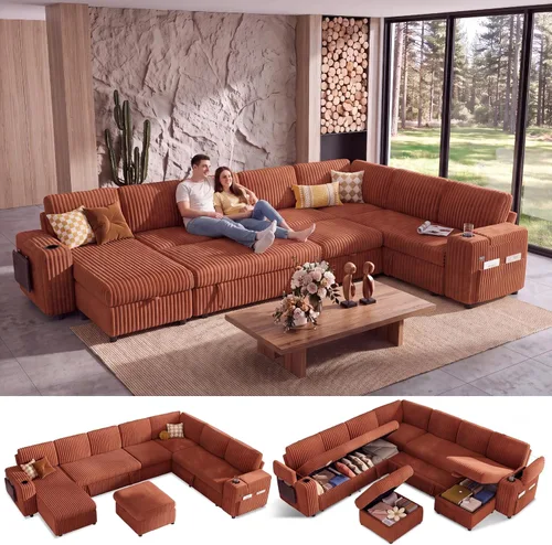 Vista 27 de WEUP Sofá cama modular de 111 pulgadas con cama extraíble, sofá de pana de felpa en forma de L de 7 asientos con diván de almacenamiento, puertos