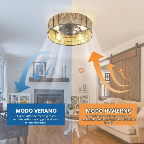 Vista 6 de Ganeed Ventilador de techo bohemio de 20 pulgadas con luz, ventilador de techo enjaulado de ratán tejido a mano con luz y control remoto, ventilador