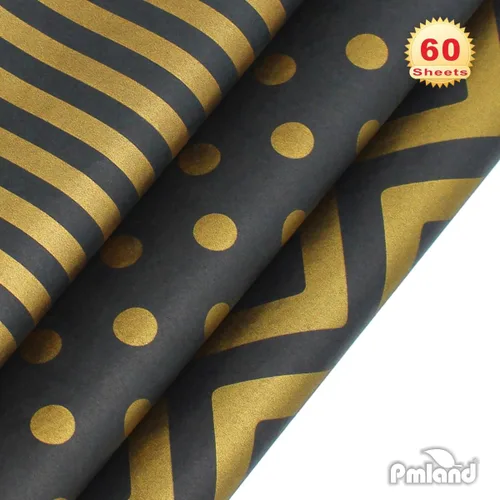 Vista 2 de PMLAND Papel de seda de alta calidad para envolver regalos, color negro metálico dorado con rayas zigzag, 20 x 14 pulgadas, 60 hojas