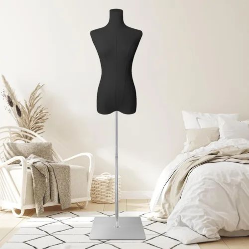 Vista 8 de Maniquí de forma de vestido para coser femenino de tela de lino negro con altura ajustable desmontable de 50 a 70 pulgadas, soporte de metal de alta