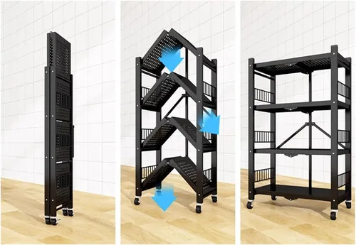 Vista 3 de Estantería plegable para almacenamiento, estantes plegables de metal de 4 niveles con ruedas, estantes y estantes de almacenamiento, estantes