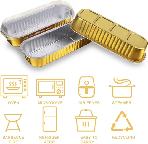 Vista 3 de 100 juegos de mini moldes para pasteles con tapas, mini moldes para pan, moldes rectangulares de aluminio para hornear, recipientes para ramequines
