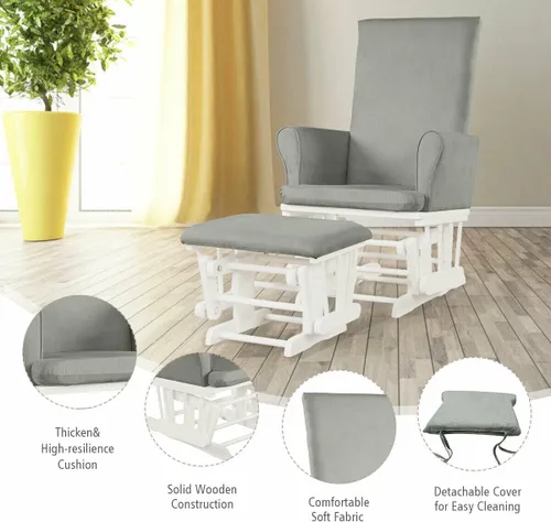 Vista 5 de Costzon Juego de cojín mecedor y otomano para bebé, muebles de madera para bebé, para siestas, lactancia, lectura, deslizador tapizado y silla Gris