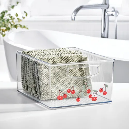 Vista 5 de iDesign Organizador de baño, impresión decorativa, cesta de almacenamiento de plástico apilable para maquillaje y organización de tocador